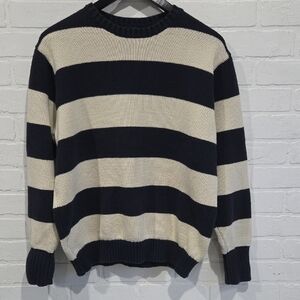 Brandy Melville Navy and Cream Striped Crewneck Sweater